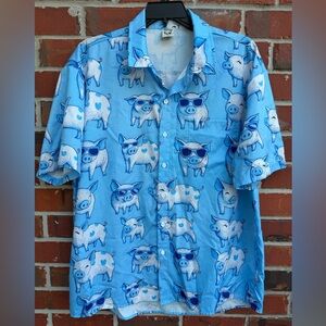 Hardaddy Blue All Over Pig Print Moisture Wicking Button Up XL Hawaiian Shirt T4